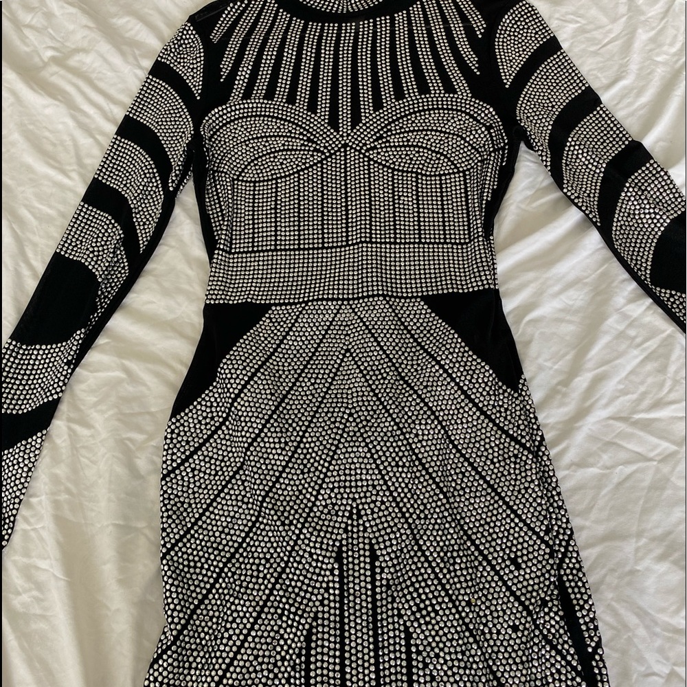 Black Silver Studded Beads Long Sleeve Mini Dress